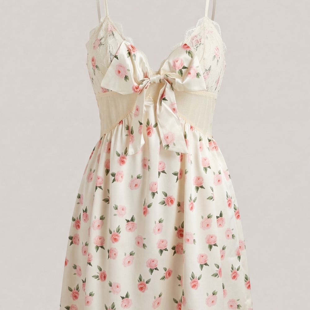 Floral Satin Chemise Nightdress - Cream with Pink Rose Print SIZE L